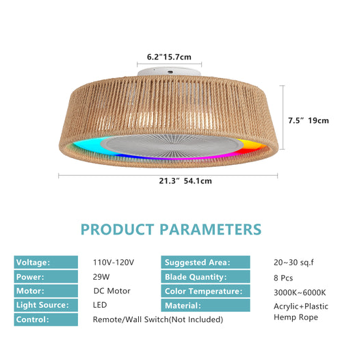 21 Modern Rustic Ceiling Fan Light With LED RGB Mood Lighting, Rope Woven Design, Quiet Fan, Semi Flush Mount For Bedroom, Living Room, Or Dining Room Silent 6-Speed Reversible DC Motor