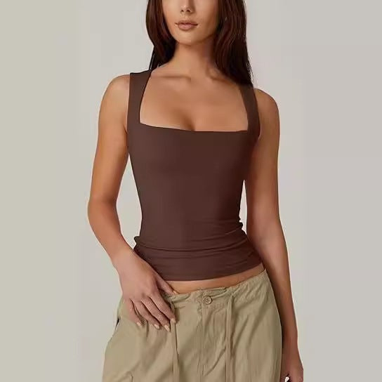 Summer Square Collar Sleeveless Double Layer Tight Vest