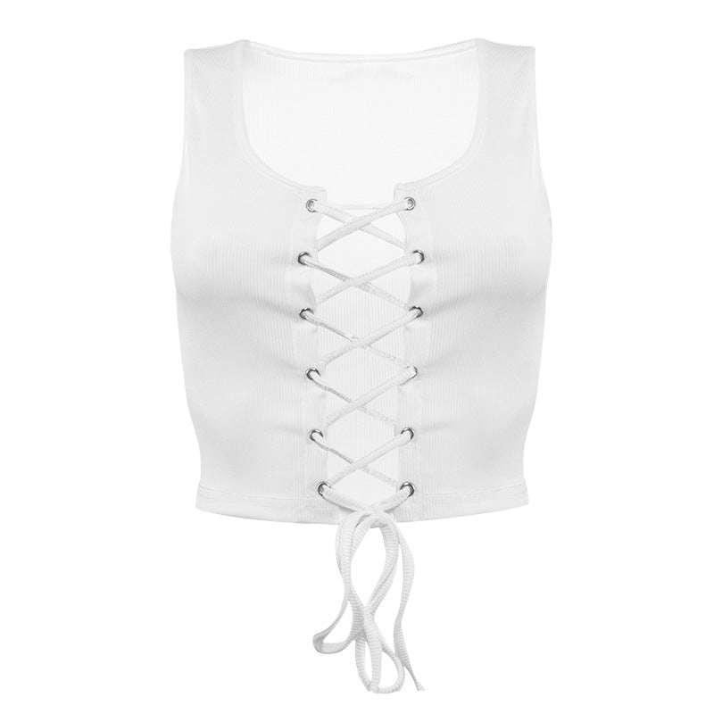 Sexy Square Neck Sleeveless Hollow Ribbed T-shirt
