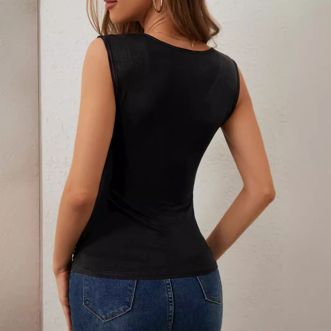 Ruched Rhinestone Sleeveless Tank Top Slim-fit T-shirt Flattering Top For Women