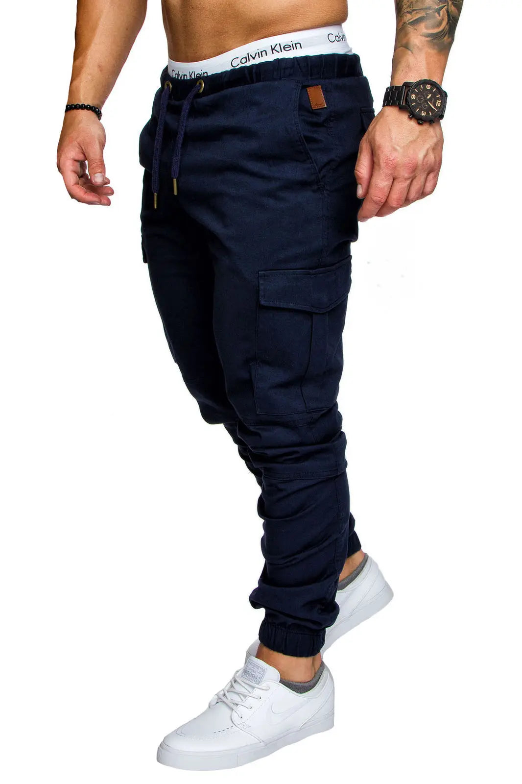 Men High Elastic Cargo Pants Summer Lace Up Drawstring Pocket Harem Stretch Full Trousers BSD-8811