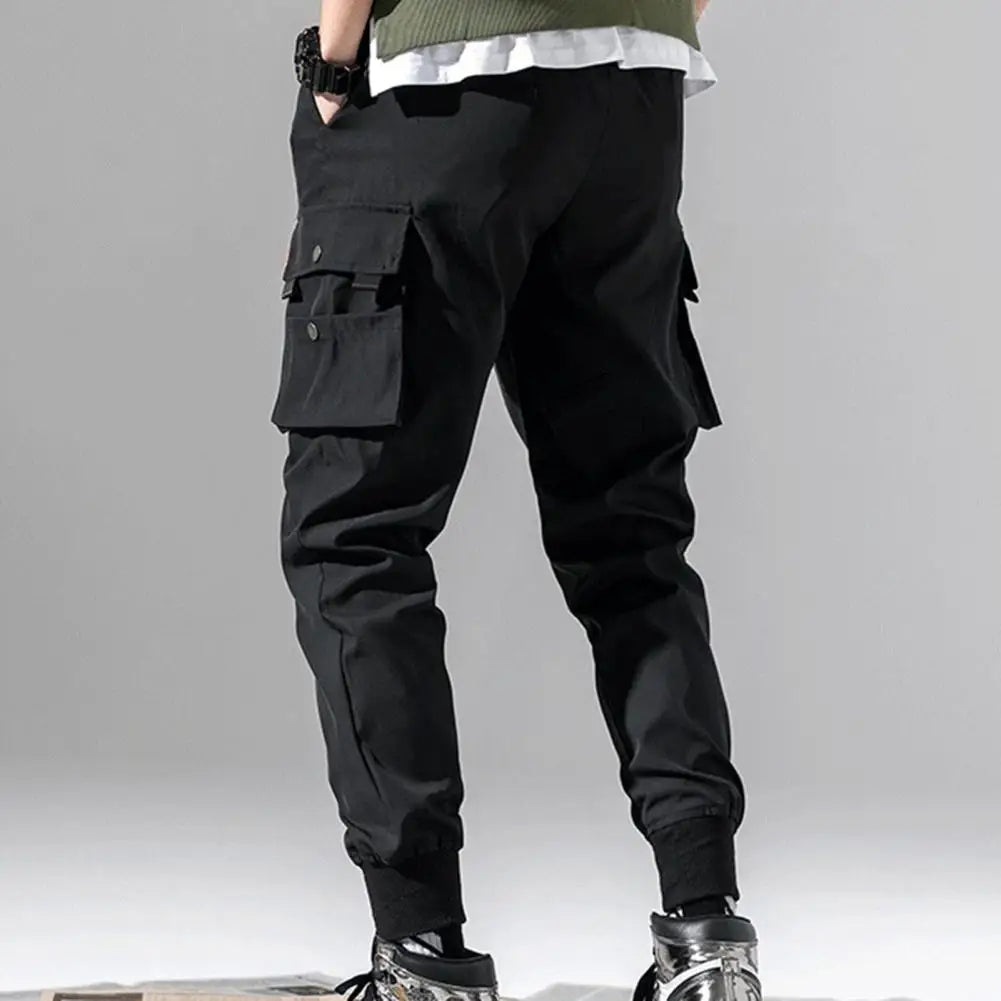 Multi Pockets Solid Color Casual Cargo Pants Mid-Rise Elastic Waistband Drawstring Shrinkable Cuffs Men Sweatpants