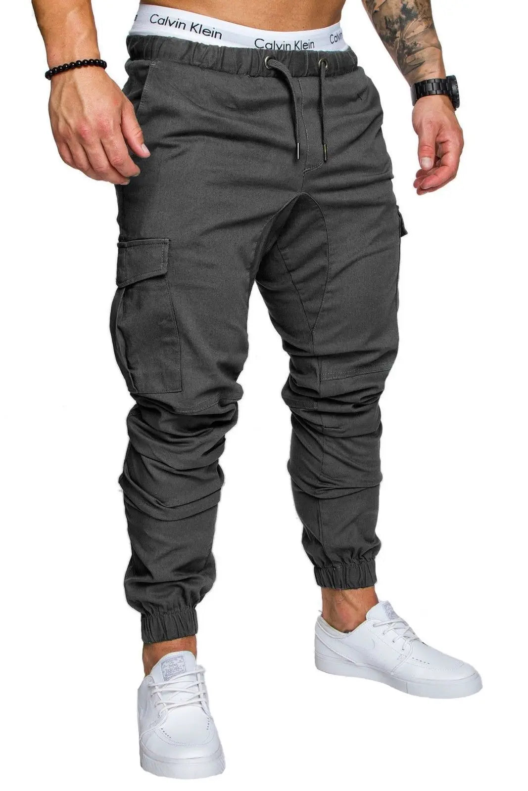 Men High Elastic Cargo Pants Summer Lace Up Drawstring Pocket Harem Stretch Full Trousers BSD-8811