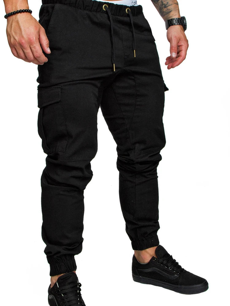 Men High Elastic Cargo Pants Summer Lace Up Drawstring Pocket Harem Stretch Full Trousers BSD-8811