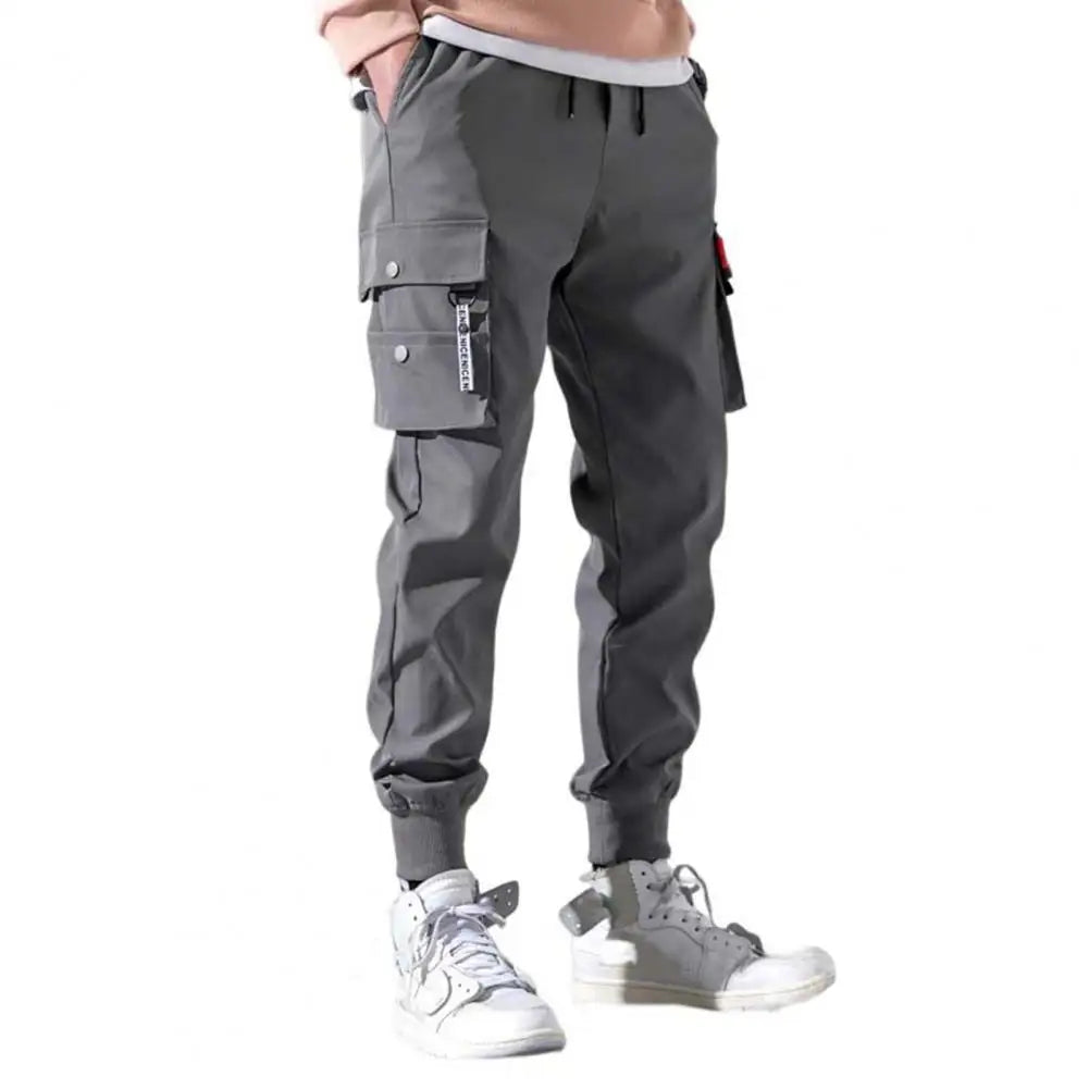 Multi Pockets Solid Color Casual Cargo Pants Mid-Rise Elastic Waistband Drawstring Shrinkable Cuffs Men Sweatpants