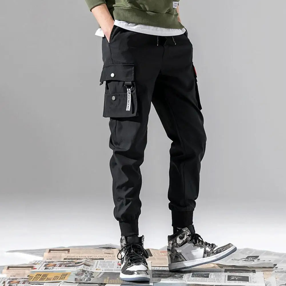 Multi Pockets Solid Color Casual Cargo Pants Mid-Rise Elastic Waistband Drawstring Shrinkable Cuffs Men Sweatpants