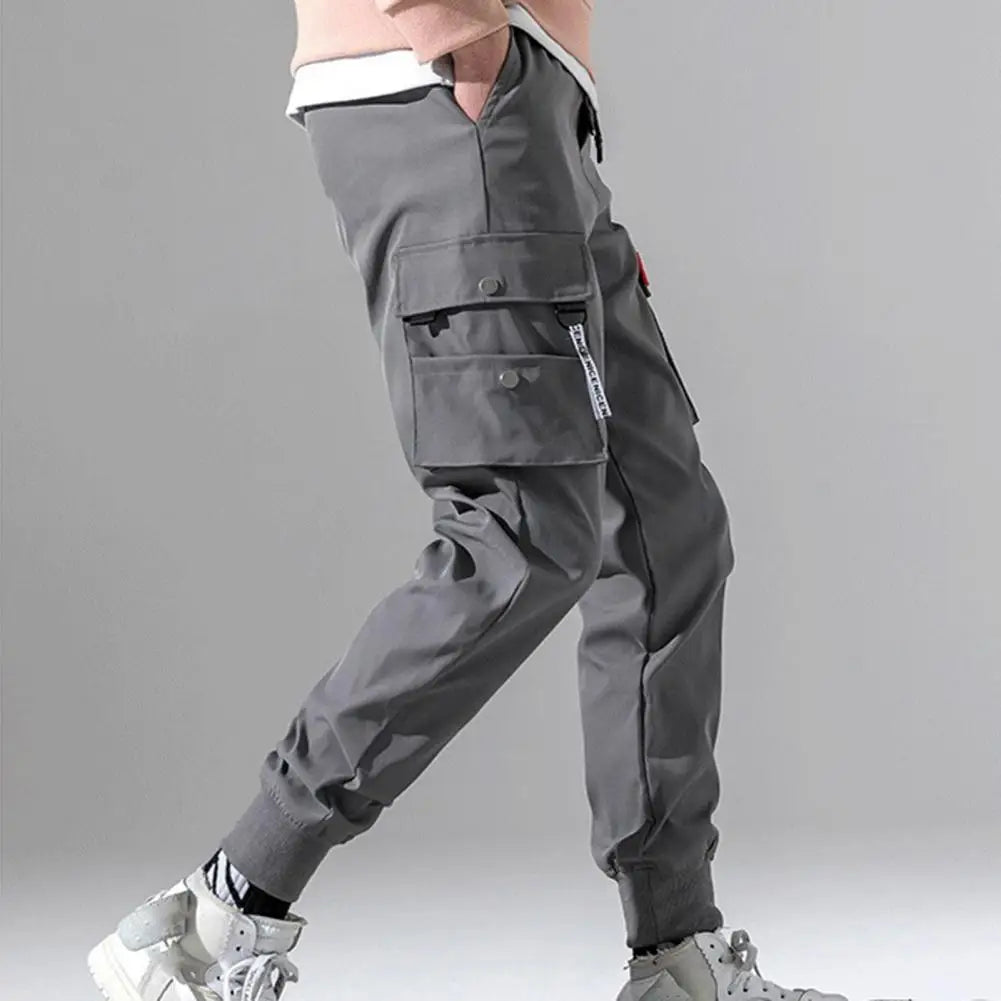 Multi Pockets Solid Color Casual Cargo Pants Mid-Rise Elastic Waistband Drawstring Shrinkable Cuffs Men Sweatpants