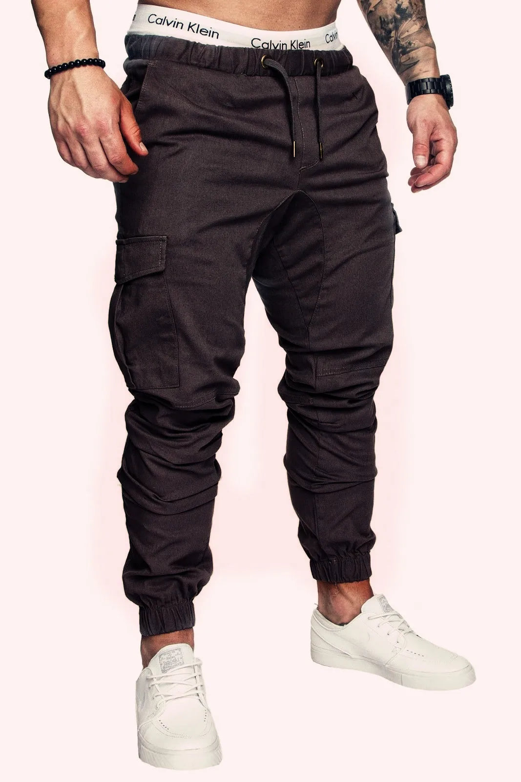 Men High Elastic Cargo Pants Summer Lace Up Drawstring Pocket Harem Stretch Full Trousers BSD-8811