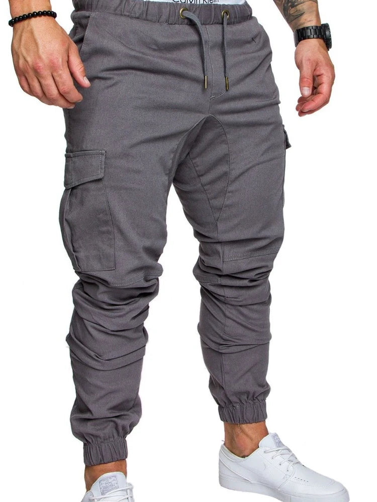Men High Elastic Cargo Pants Summer Lace Up Drawstring Pocket Harem Stretch Full Trousers BSD-8811