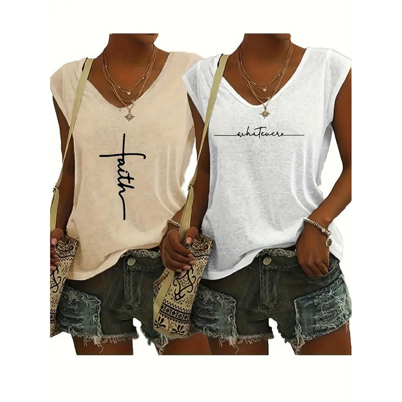 2Pack Women's V Neck Sleeveless Tank Tops Loose Fit Casual Summer Beach Shirts